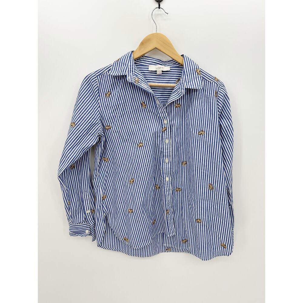Loft Blue White Pinstripe Dog Embroidered Everyday Shirt Button Down Small BR35 - Picture 1 of 10